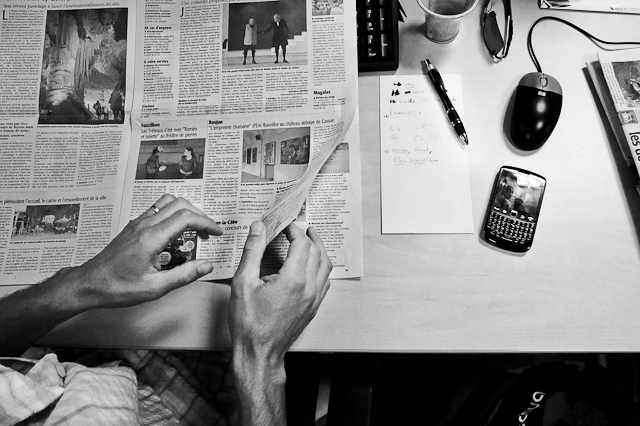 Frederic Bernheim, former correspondent for TF1, doing his morning research
