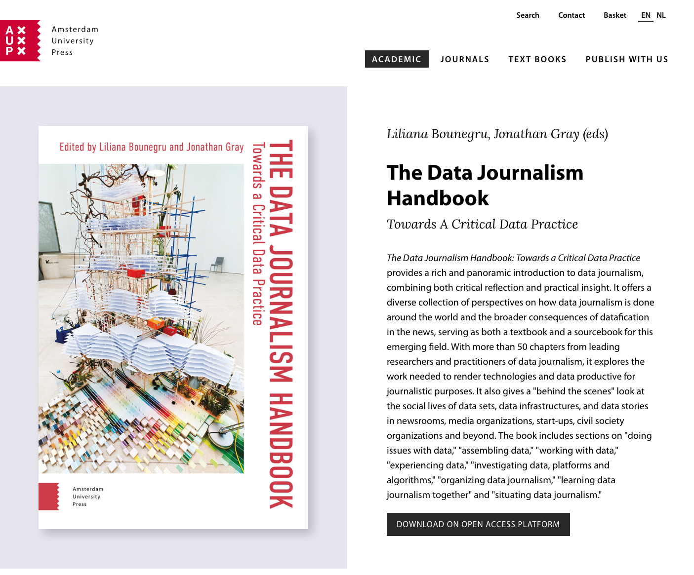 Cover of the Data Journalism Handbook as published by the Amsterdam University Press